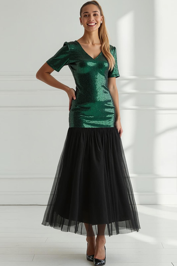 Sparkly Dark Green Tulle V-Neck Sheath Long Prom Dress with Sequin